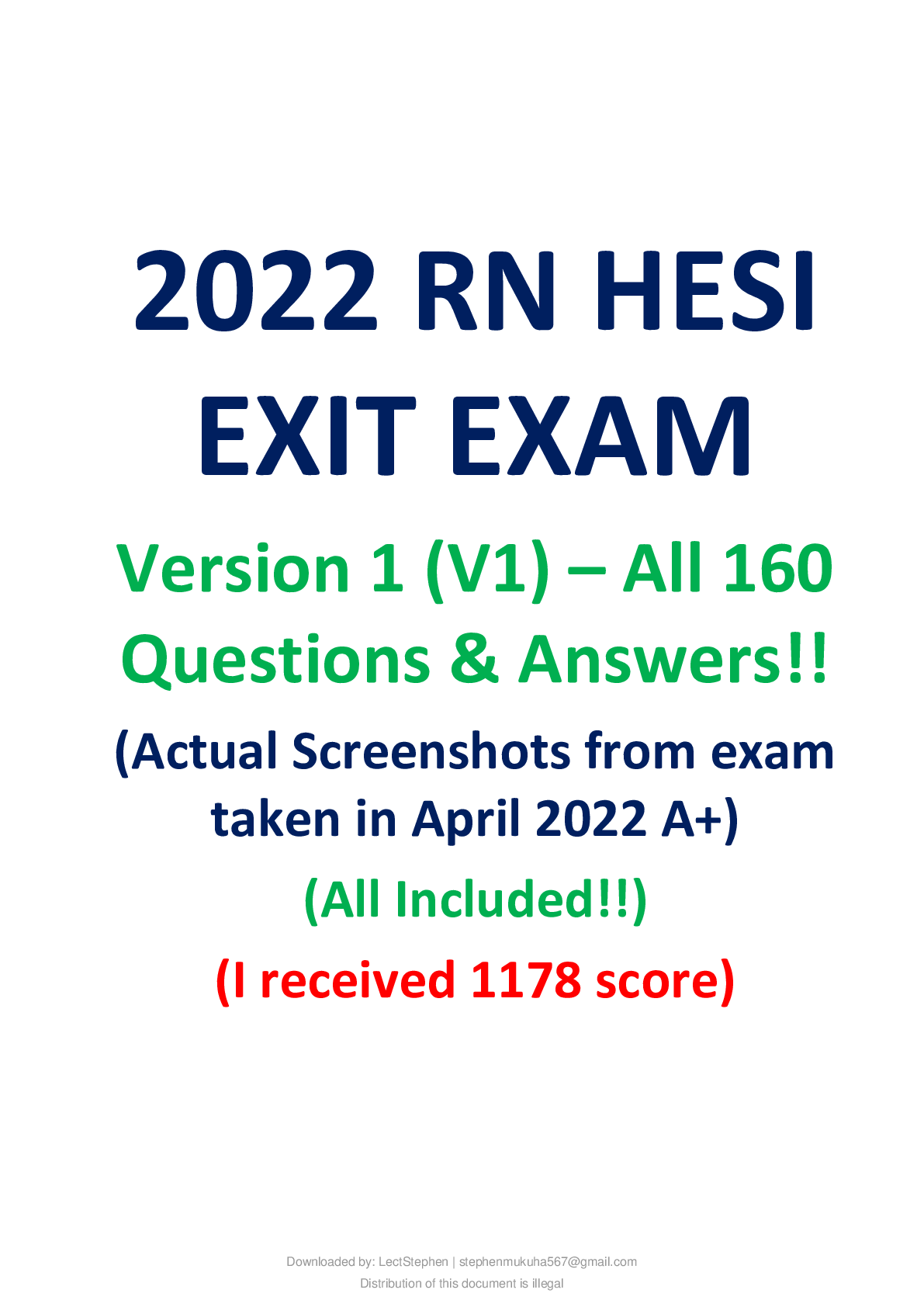 2022 RN HESI EXIT EXAM VERSION 1 V1 ALL 160 Q&A,FROM TAKEN EXAM